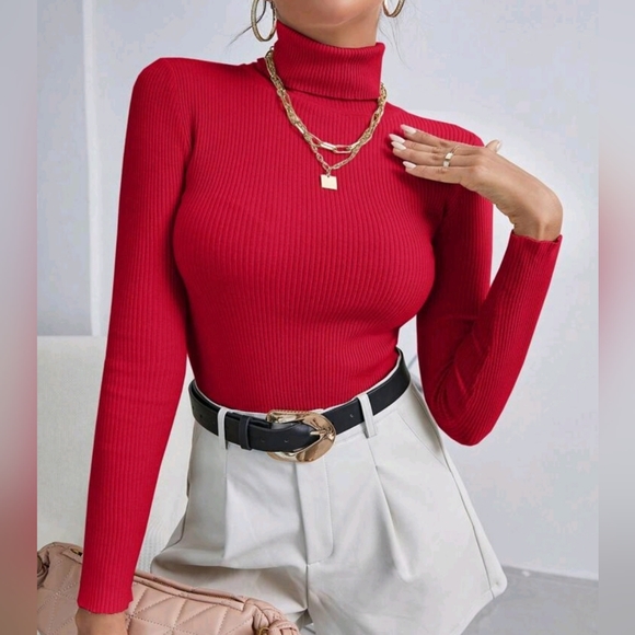 NEW Chic Ribbed Knit Turtleneck Sweater Top Bodycon Red - Picture 2 of 8